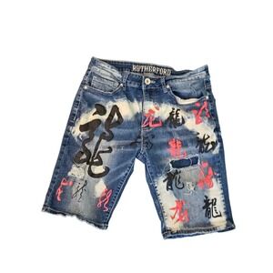 Rutherford Shorts Men's Sz 30 Blue Denim Engineered Slim Fit Streetwear Graffiti